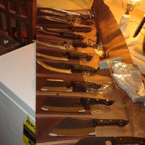 Set of 16 Wood Handle Steel Knive& Accessories in Stitched Leather Case-NEW